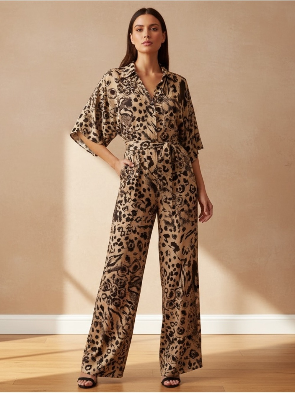 Bimba y Lola Animal Print Belted Wide-Leg Jumpsuit – Size M
